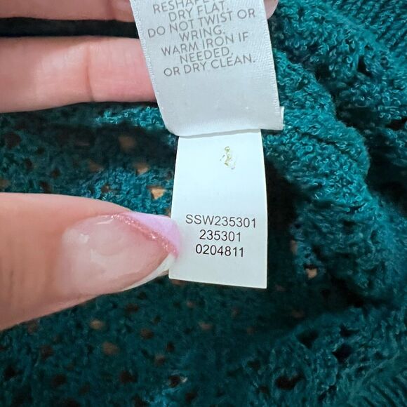 J. Jill Open Knit Sweater Size L Teal Blue Beachy Tunic Round Neck Crochet Top - Picture 7 of 7